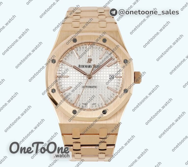 Реплика часов Audemars Piguet Royal Oak 41mm 15400 Rose gold Top-tier Копия один в один White Textured Dial on Stainless steel Bracelet