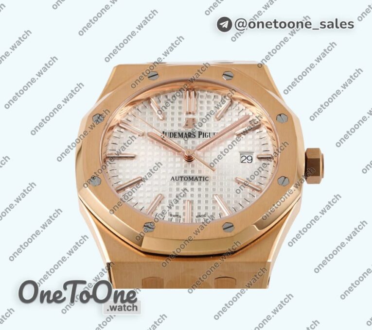 Реплика часов Audemars Piguet Royal Oak 41mm 15400 Rose gold Top-tier Копия один в один White Textured Dial on Stainless steel Bracelet