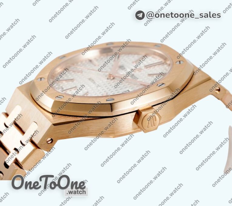Реплика часов Audemars Piguet Royal Oak 41mm 15400 Rose gold Top-tier Копия один в один White Textured Dial on Stainless steel Bracelet