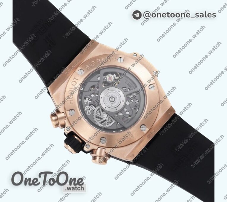 Реплика часов Hublot Hublot Big Bang Unico Rose gold Diamonds Bezel Top-tier Копия один в один Skeleton Dial Black Rubber Strap