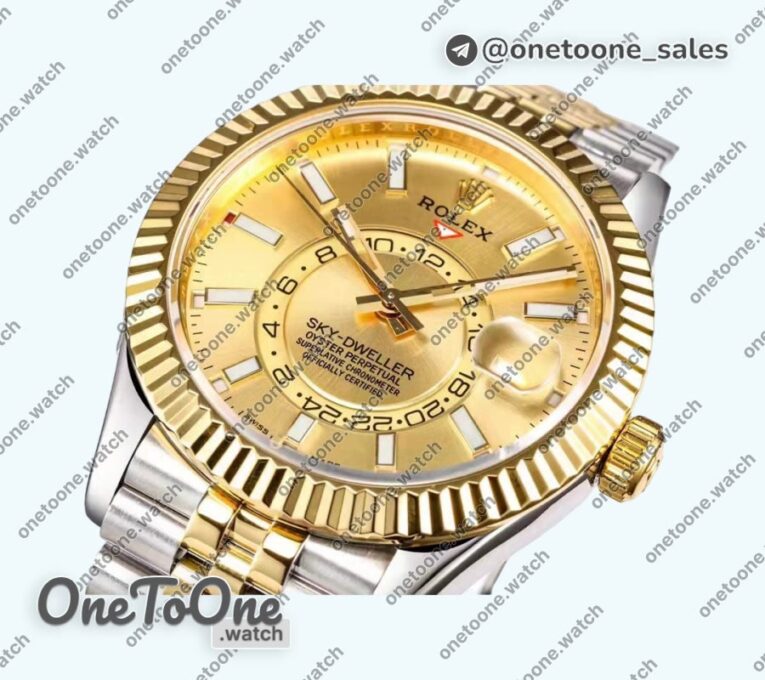 Реплика часов Rolex Sky-dweller 326933 Yellow gold/Stainless steel Black&Gold Dial Jubilee Bracelet Asian 23J