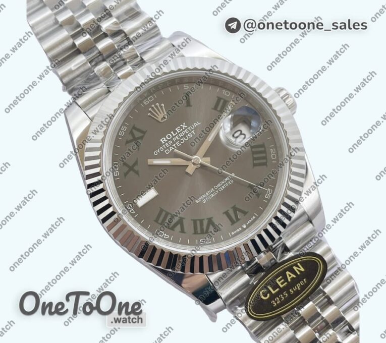 Реплика часов Rolex Datejust 41 Stainless steel 904L Steel Top-tier Копия один в один Gray Dial Green Roman on Stainless steel Bracelet