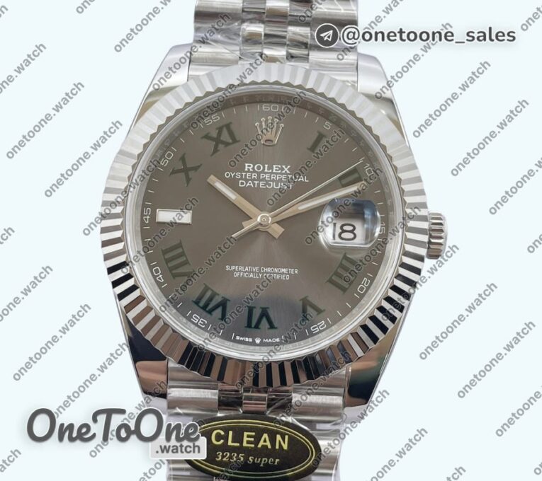 Реплика часов Rolex Datejust 41 Stainless steel 904L Steel Top-tier Копия один в один Gray Dial Green Roman on Stainless steel Bracelet