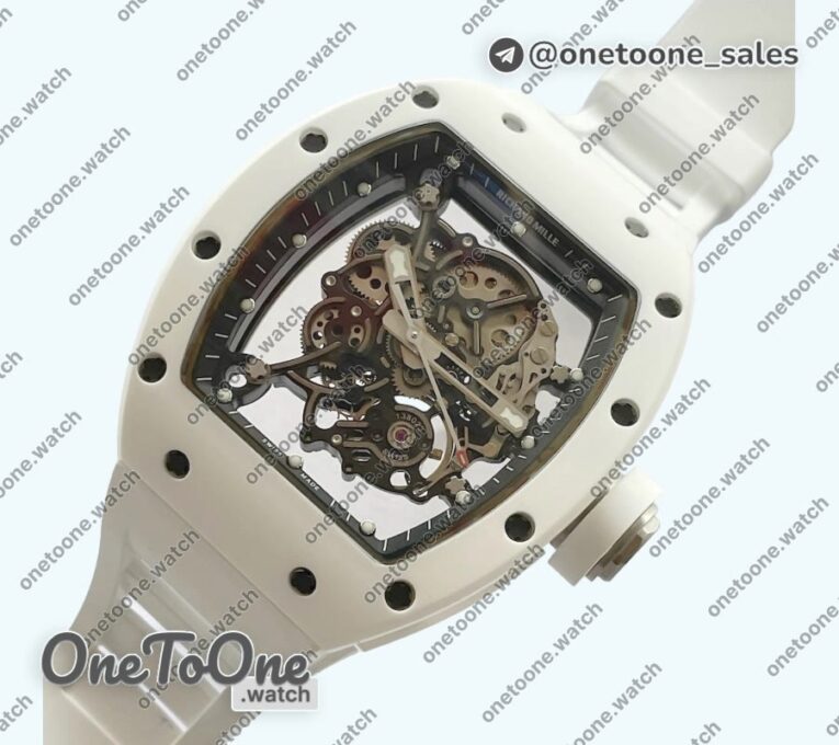 Реплика часов Richard Mille 055 White Ceramic Top-tier Копия один в один Skeleton Dial on White Rubber Strap Clone RMUL2