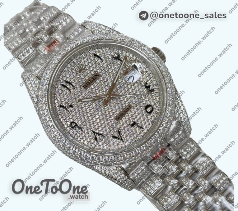 Реплика часов Rolex DateJust 41mm 126334 Full Paved Diamonds Top-tier Копия один в один Diamond Dial Arabic Markers Jubilee Bracelet