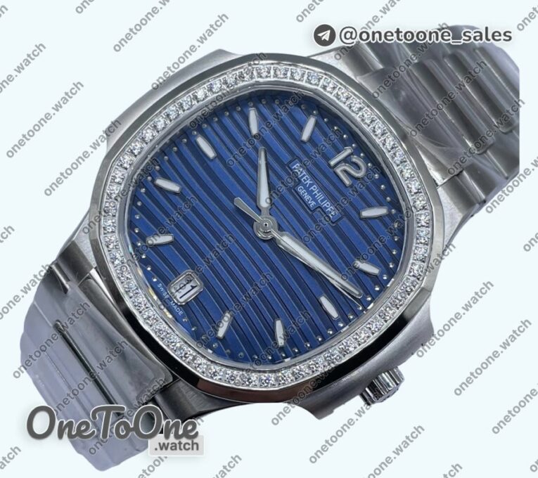 Реплика часов Patek Philippe Nautilus 7118 Ladies Top-tier Копия один в один Blue Dial Diamonds Bezel on Stainless steel Bracelet 3KF