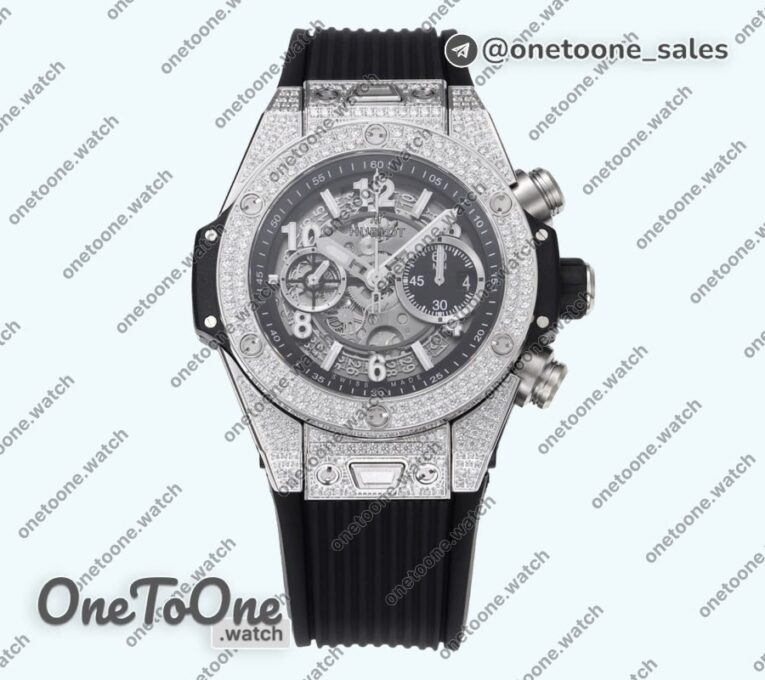 Реплика часов Hublot Hublot Big Bang Unico Titanium Full Diamonds Top-tier Копия один в один Skeleton Dial Black Rubber Strap