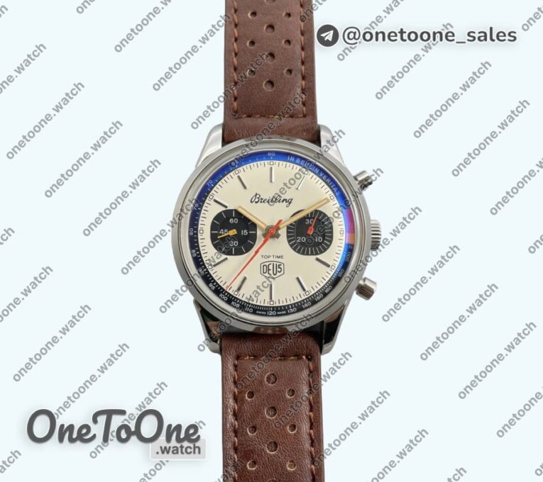 Реплика часов Breitling Top Time Dues Chrono Stainless steel/LE Cream Dial Stick Marker Leather Strap BLS