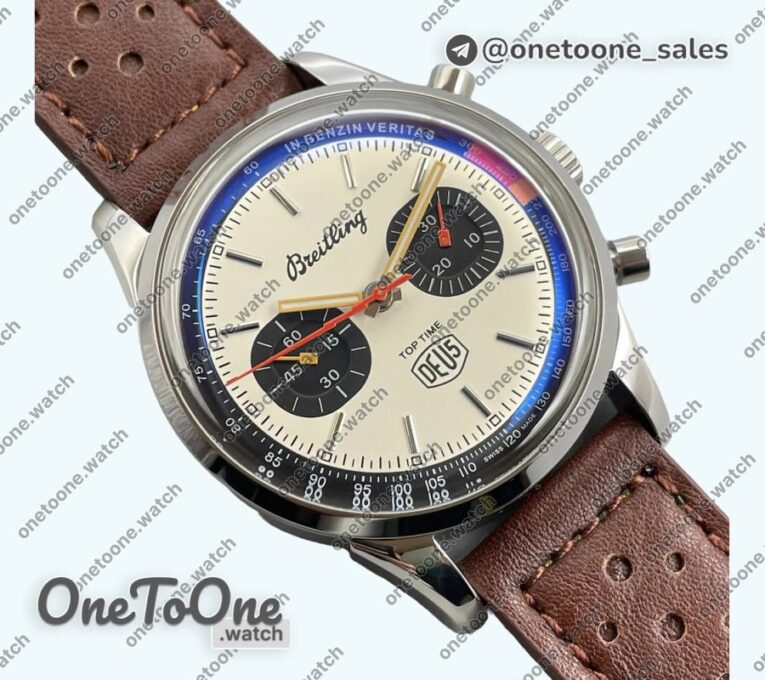 Реплика часов Breitling Top Time Dues Chrono Stainless steel/LE Cream Dial Stick Marker Leather Strap BLS