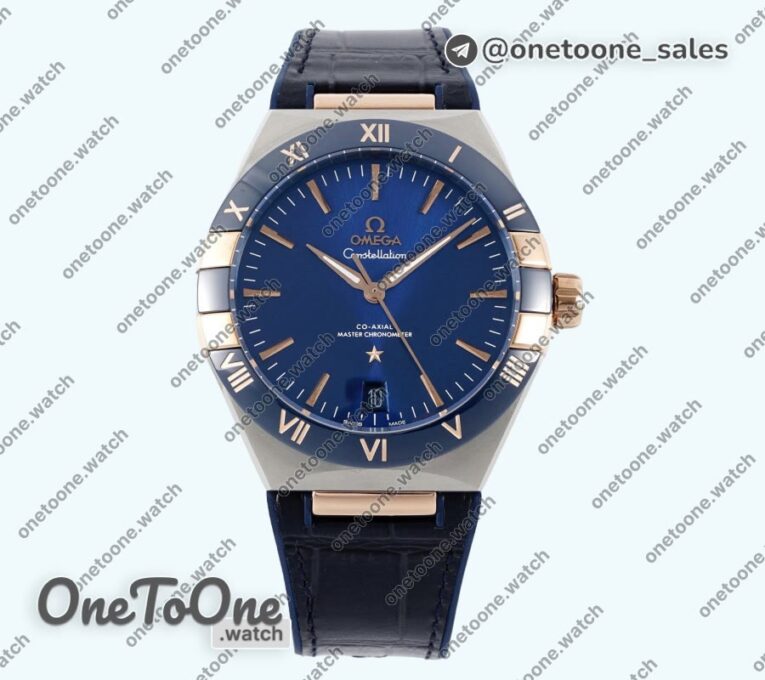 Реплика часов Omega Constellation Ceramic Bezel Stainless steel/Rose gold Top-tier Копия один в один Blue Dial Gummy Strap