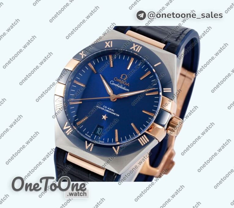 Реплика часов Omega Constellation Ceramic Bezel Stainless steel/Rose gold Top-tier Копия один в один Blue Dial Gummy Strap