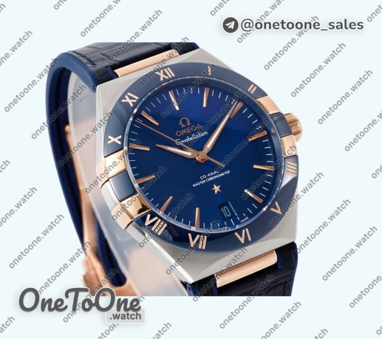 Реплика часов Omega Constellation Ceramic Bezel Stainless steel/Rose gold Top-tier Копия один в один Blue Dial Gummy Strap
