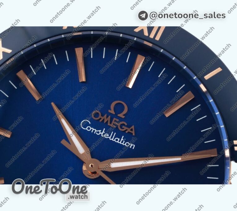 Реплика часов Omega Constellation Ceramic Bezel Stainless steel/Rose gold Top-tier Копия один в один Blue Dial Gummy Strap