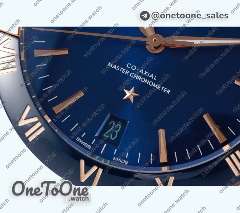 Реплика часов Omega Constellation Ceramic Bezel Stainless steel/Rose gold Top-tier Копия один в один Blue Dial Gummy Strap