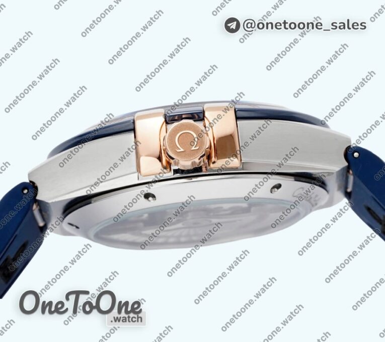 Реплика часов Omega Constellation Ceramic Bezel Stainless steel/Rose gold Top-tier Копия один в один Blue Dial Gummy Strap