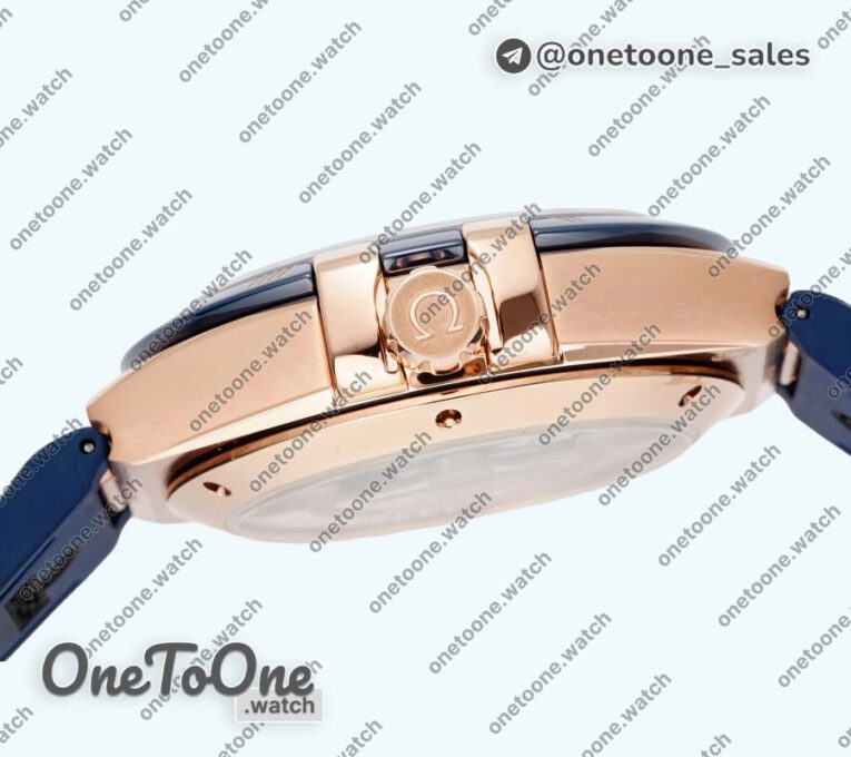 Реплика часов Omega Constellation Ceramic Bezel Rose gold Top-tier Копия один в один Blue Dial Gummy Strap