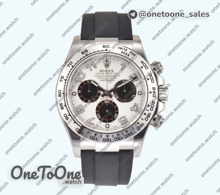 Реплика часов Rolex Daytona 116520 904L Stainless steel White Dial Rubber Strap V2