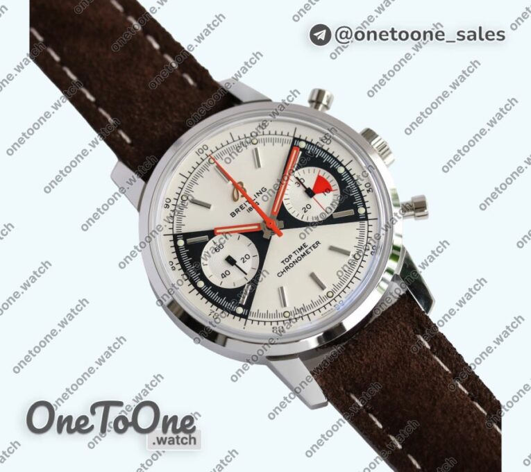 Реплика часов Breitling Top Time Chrono Stainless steel Top-tier Копия один в один White Dial Brown Leather Strap BLS