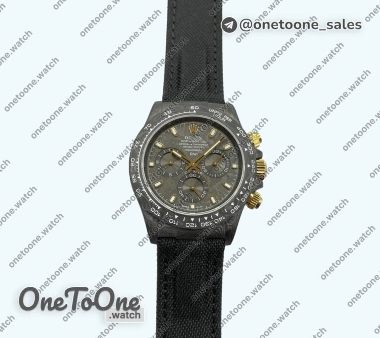 Реплика часов Rolex Daytona DIW Carbon Top-tier Копия один в один Black Dial Gold Mark Nylon Strap NF