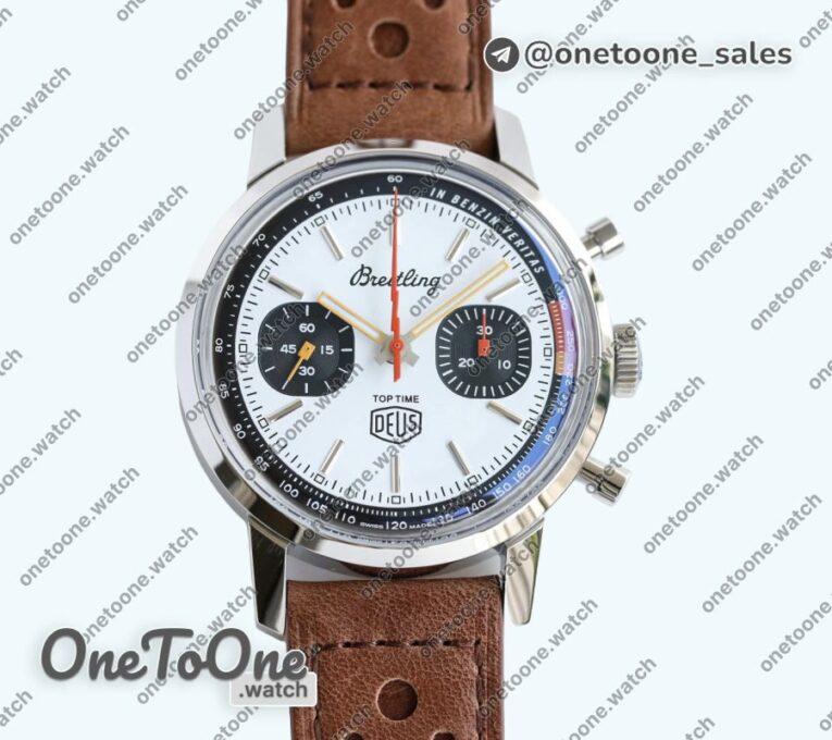 Реплика часов Breitling Top Time Dues Chrono Stainless steel/LE White Dial Stick Marker Leather Strap BLS
