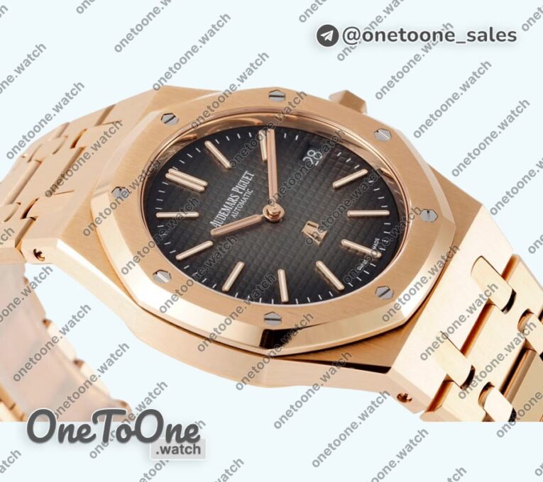Реплика часов Audemars Piguet Royal Oak 39mm 16202 "50th Anniversary" Rose gold Top-tier Копия один в один Grey Textured Dial Rose gold Bracelet