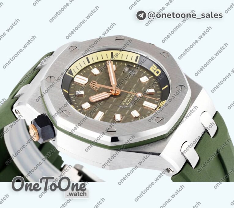 Реплика часов Audemars Piguet Royal Oak Offshore Diver 15720 Stainless steel Top-tier Копия один в один Green Dial on Green Rubber Strap