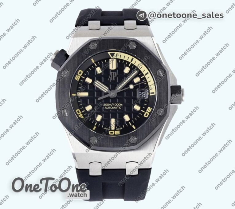 Реплика часов Audemars Piguet Royal Oak Offshore Diver 15720 Black Ceramic Bezel Top-tier Копия один в один Black Dial on Black Rubber Strap