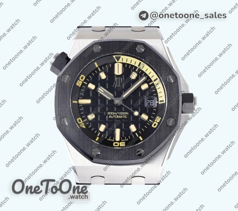 Реплика часов Audemars Piguet Royal Oak Offshore Diver 15720 Black Ceramic Bezel Top-tier Копия один в один Black Dial on Black Rubber Strap