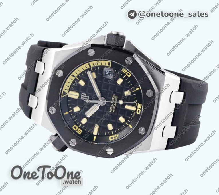 Реплика часов Audemars Piguet Royal Oak Offshore Diver 15720 Black Ceramic Bezel Top-tier Копия один в один Black Dial on Black Rubber Strap