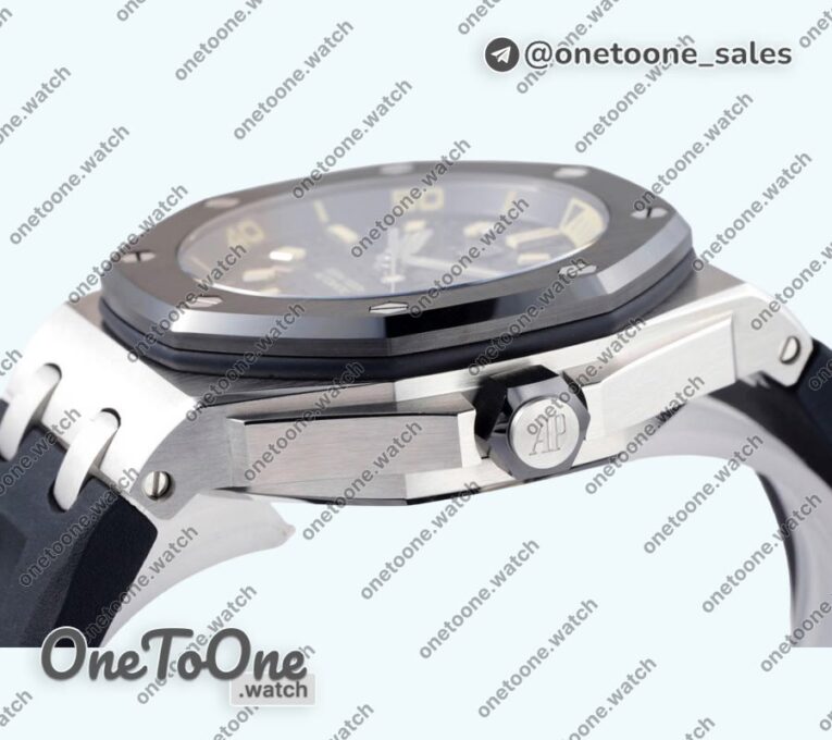 Реплика часов Audemars Piguet Royal Oak Offshore Diver 15720 Black Ceramic Bezel Top-tier Копия один в один Black Dial on Black Rubber Strap