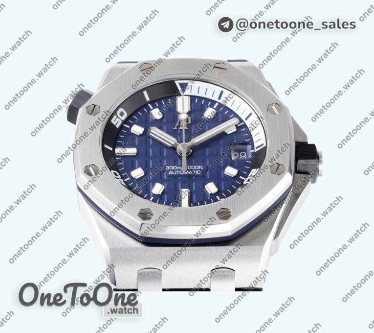 Реплика часов Audemars Piguet Royal Oak Offshore Diver 15720 Stainless steel Top-tier Копия один в один Blue Dial on Blue Rubber Strap