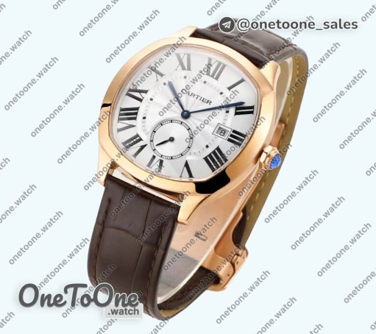 Реплика часов Cartier Drive De Cartier Rose gold Case White Dial Leather Strap TWF J Mod