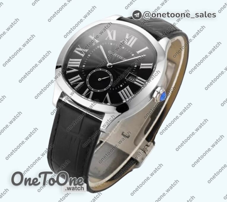Реплика часов Cartier Drive De Cartier Stainless steel Case Black Dial Leather Strap TWF J Mod
