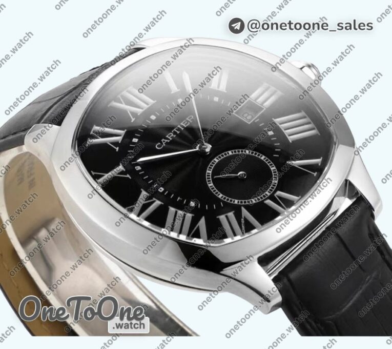 Реплика часов Cartier Drive De Cartier Stainless steel Case Black Dial Leather Strap TWF J Mod