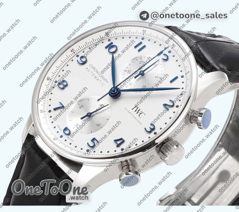 Реплика часов Iwc Portuguese Chrono IW3716 Top-tier Копия один в один White Dial Blue Markers Leather Strap