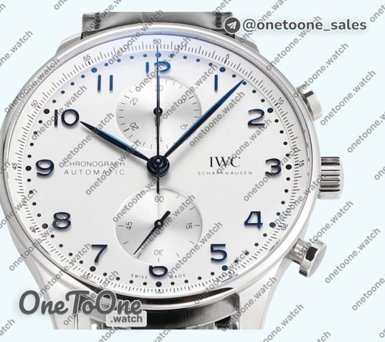Реплика часов Iwc Portuguese Chrono IW3716 Top-tier Копия один в один White Dial Blue Markers Leather Strap
