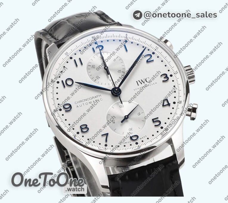 Реплика часов Iwc Portuguese Chrono IW3716 Top-tier Копия один в один White Dial Blue Markers Leather Strap
