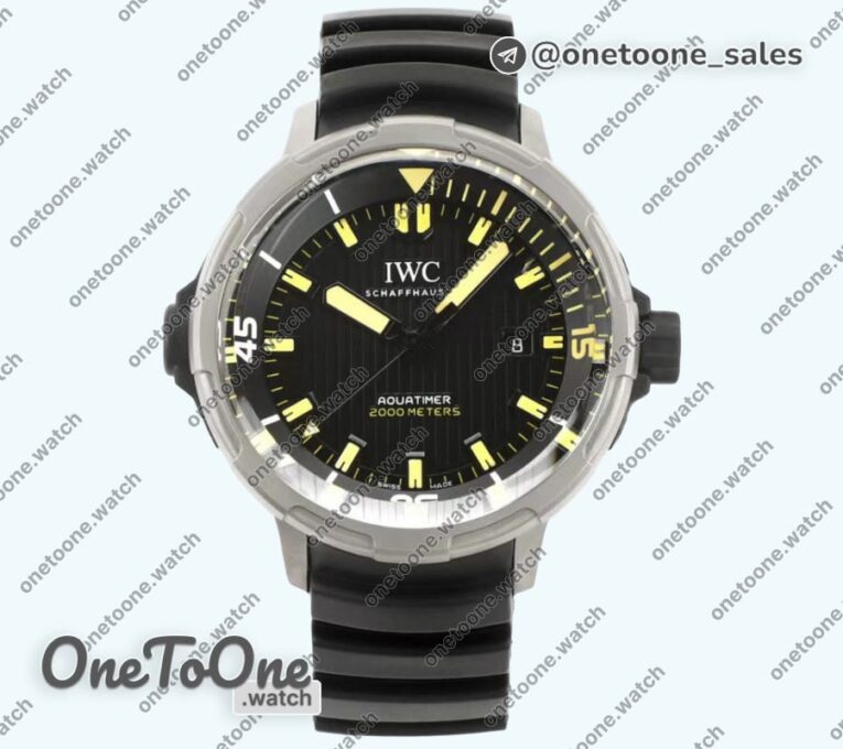 Реплика часов Iwc Aquatimer IW358002 Stainless steel Top-tier Копия один в один Black Dial Yellow Sticks Markers on Black Rubber Strap