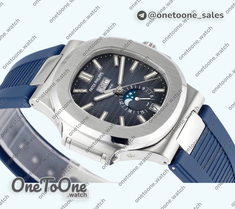 Реплика часов Patek Philippe Nautilus 5726 Complicated Stainless steel Top-tier Копия один в один Blue Textured Dial Rubber Strap