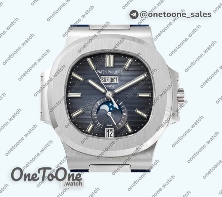 Реплика часов Patek Philippe Nautilus 5726 Complicated Stainless steel Top-tier Копия один в один Blue Textured Dial Rubber Strap