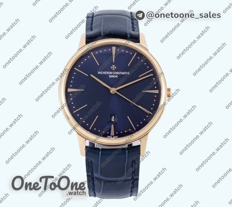 Реплика часов Vacheron Constantin Patrimony Date Rose gold Top-tier Копия один в один Blue Dial Leather Strap MIYOTA 9015