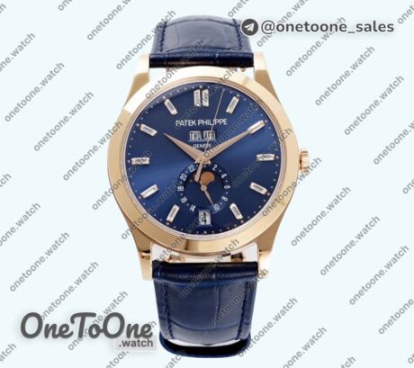 Реплика часов Patek Philippe Annual Calendar Moonphase 5396 Rose gold Top-tier Копия один в один Blue Dial T Crystal Markers Leather Strap