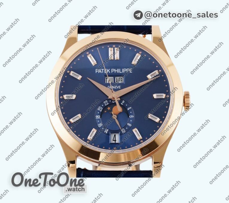 Реплика часов Patek Philippe Annual Calendar Moonphase 5396 Rose gold Top-tier Копия один в один Blue Dial T Crystal Markers Leather Strap