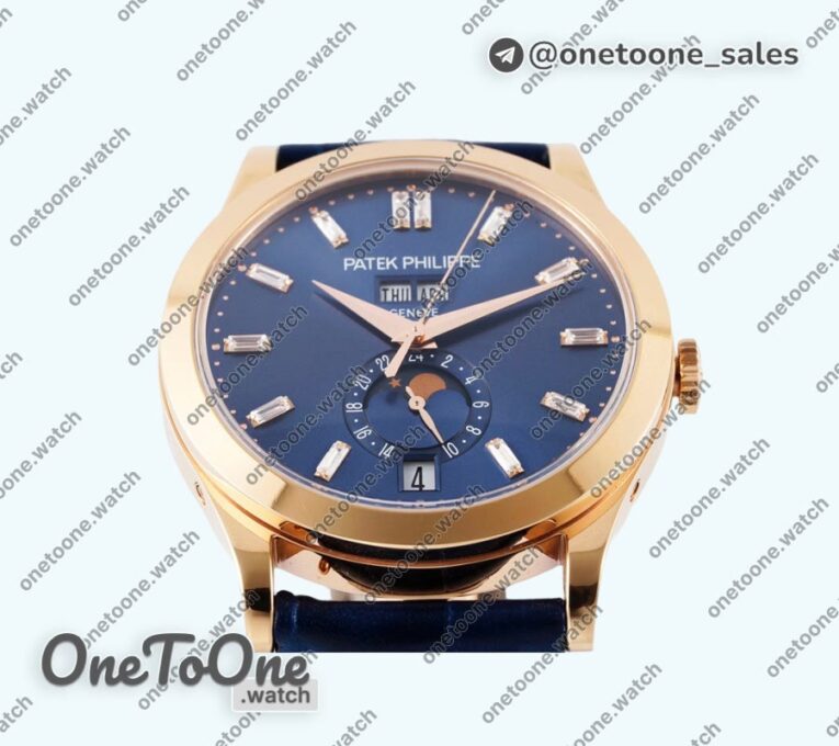 Реплика часов Patek Philippe Annual Calendar Moonphase 5396 Rose gold Top-tier Копия один в один Blue Dial T Crystal Markers Leather Strap