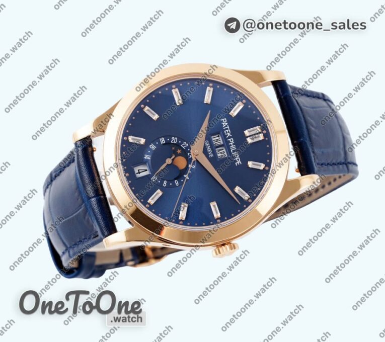 Реплика часов Patek Philippe Annual Calendar Moonphase 5396 Rose gold Top-tier Копия один в один Blue Dial T Crystal Markers Leather Strap