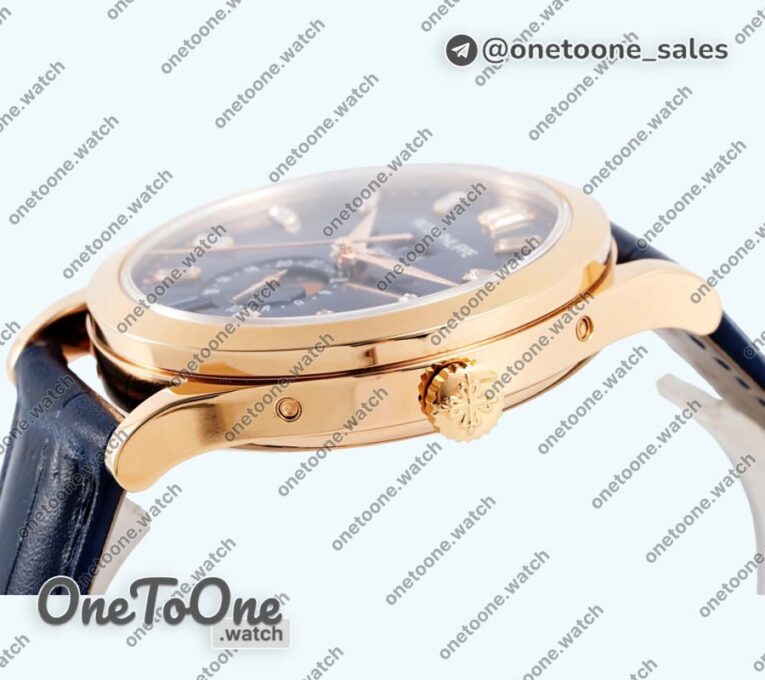 Реплика часов Patek Philippe Annual Calendar Moonphase 5396 Rose gold Top-tier Копия один в один Blue Dial T Crystal Markers Leather Strap