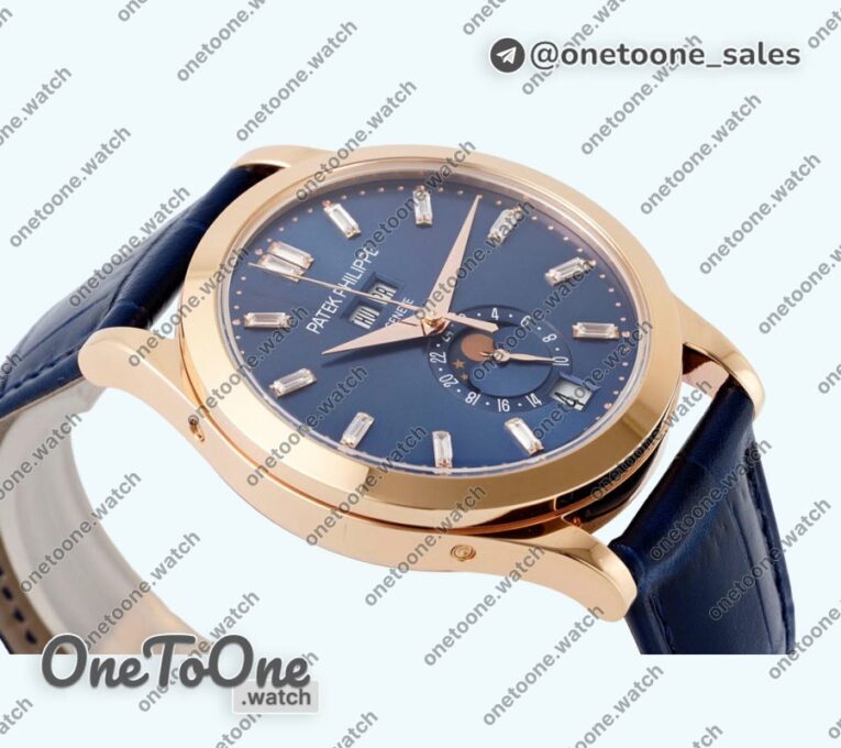 Реплика часов Patek Philippe Annual Calendar Moonphase 5396 Rose gold Top-tier Копия один в один Blue Dial T Crystal Markers Leather Strap