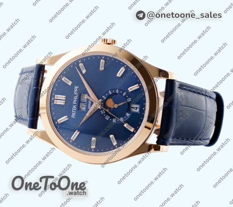 Реплика часов Patek Philippe Annual Calendar Moonphase 5396 Rose gold Top-tier Копия один в один Blue Dial T Crystal Markers Leather Strap