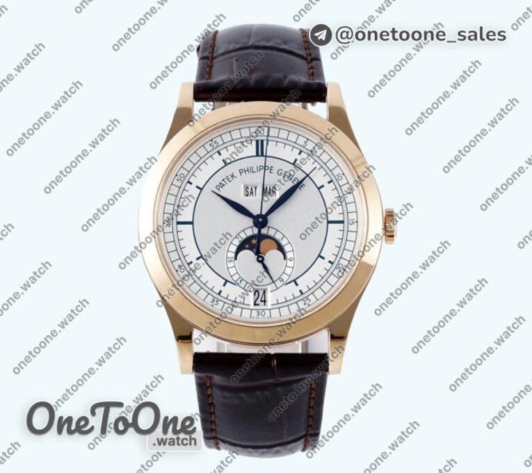 Реплика часов Patek Philippe Annual Calendar Moonphase 5396 Rose gold Top-tier Копия один в один White/Blue Dial on Brown Leather Strap