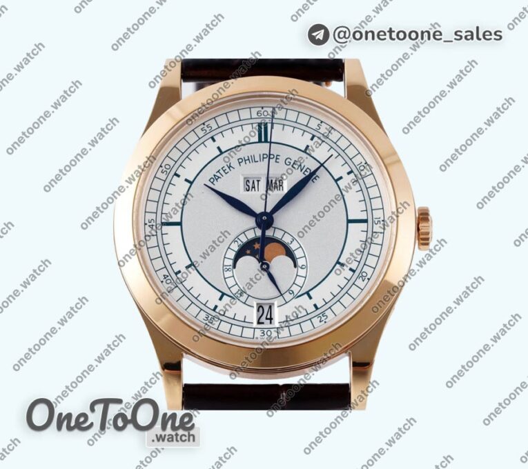 Реплика часов Patek Philippe Annual Calendar Moonphase 5396 Rose gold Top-tier Копия один в один White/Blue Dial on Brown Leather Strap